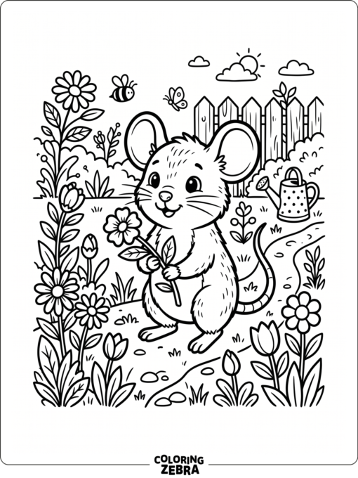 A cute mouse holding a flower in a garden