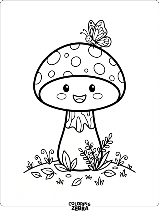 A cute mushroom with a smiling face and a butterfly nearby
