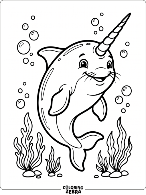 A smiling narwhal with rounded fins