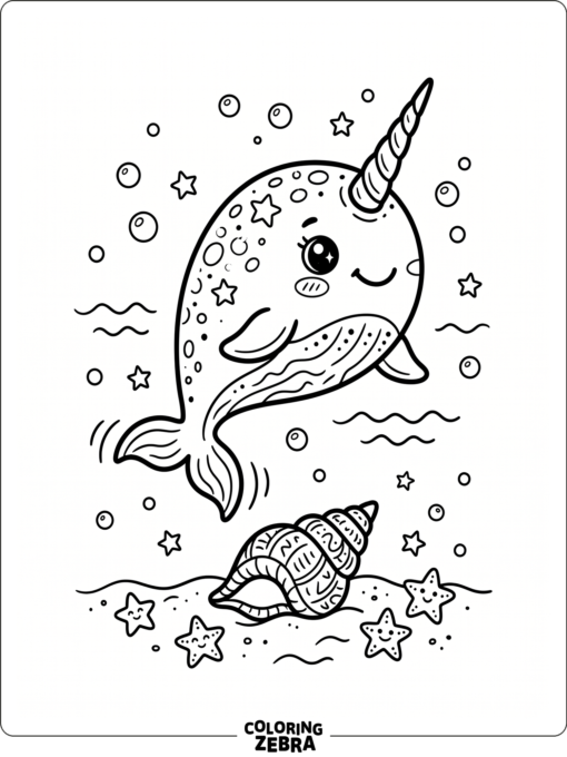 A cute narwhal floating above shells