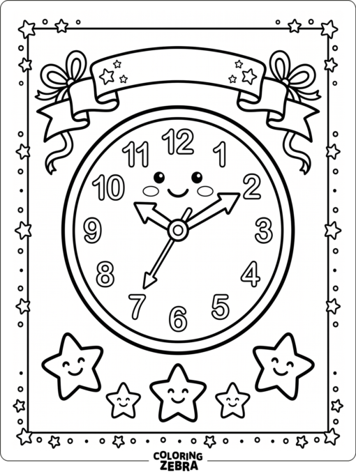 Cute smiling clock with ribbon and tiny stars in a clean frame