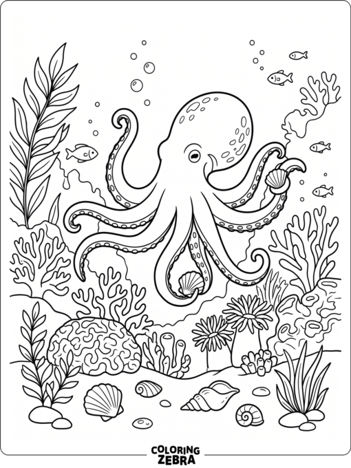 A realistic octopus in a reef scene with shells