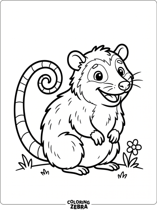 A cute opossum sitting with a curled tail