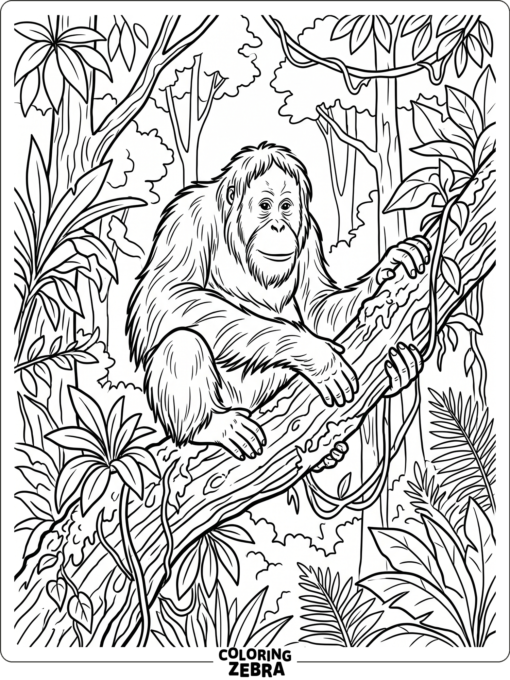 A realistic orangutan sitting on a thick tree limb