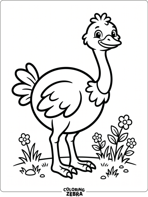 A cute ostrich with rounded shapes and tiny flowers