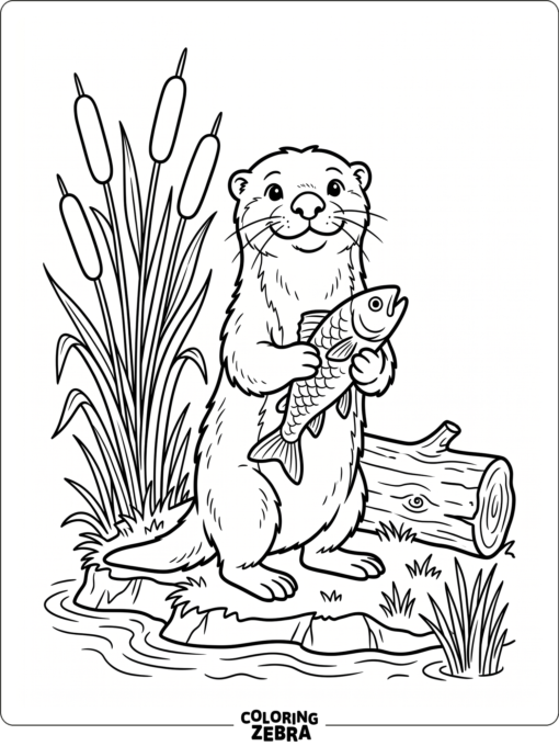A cute otter holding a fish near cattails
