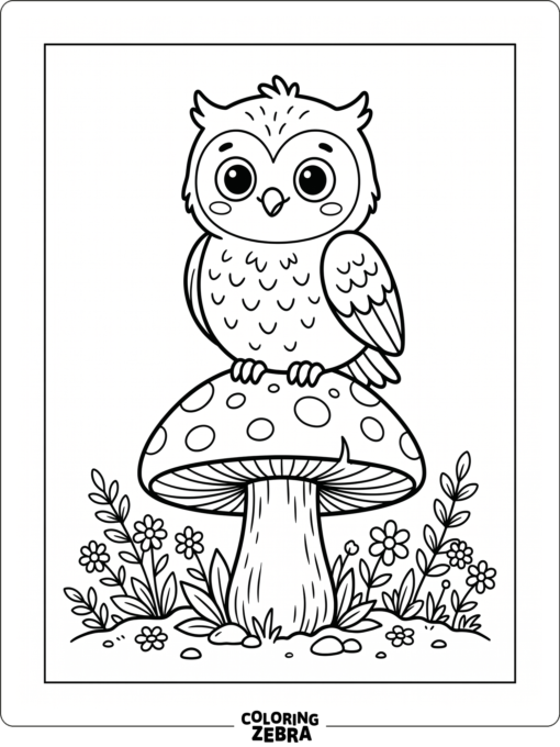 A cute owl sits on a mushroom with small flowers
