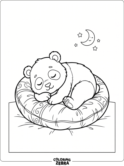 A sleepy panda curls up on a cushion