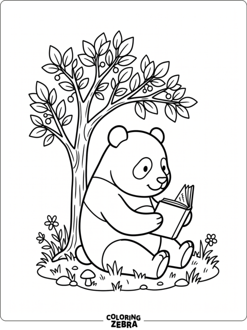 A panda reads a book under a small tree