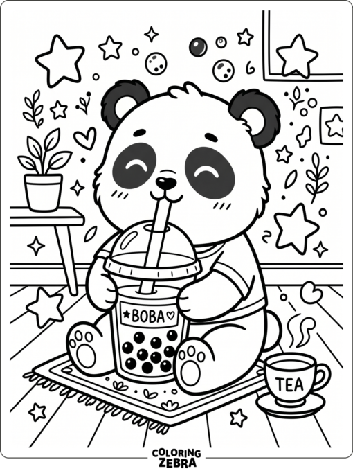 A cute panda sipping boba with stars around it
