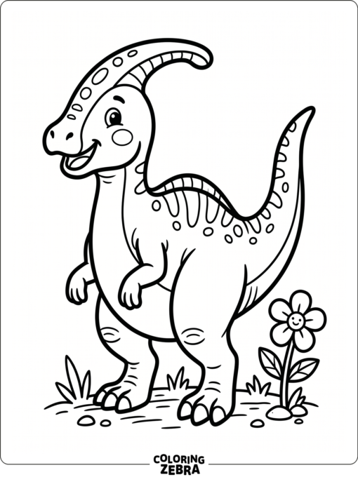 A cute parasaurolophus with round cheeks and a flower