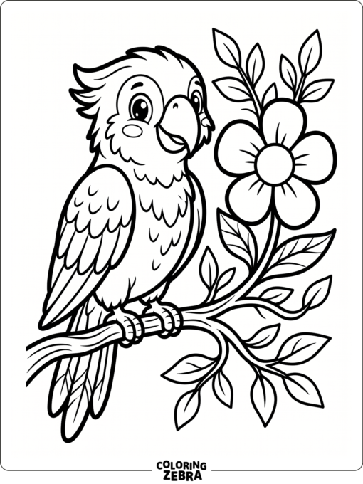A cute parrot with big eyes and a flower