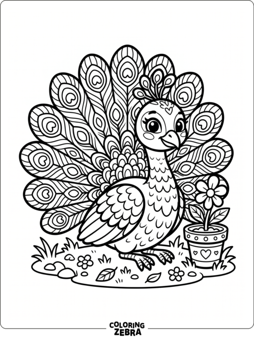 A cute peacock sitting beside a flower pot