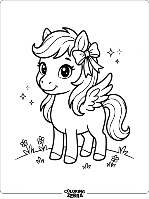 A cute winged horse with big eyes and a ribbon