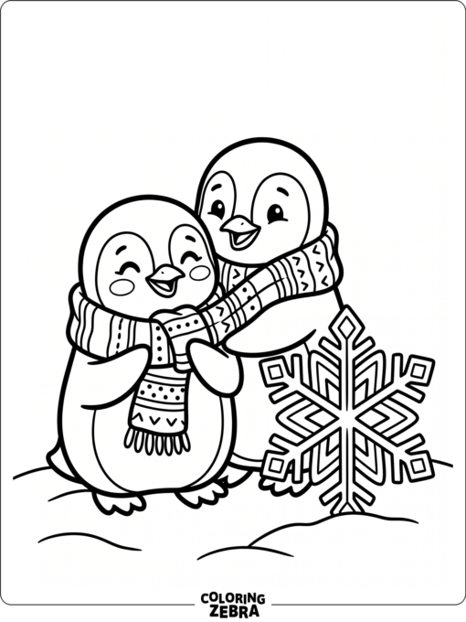 Two cute penguins sharing a scarf