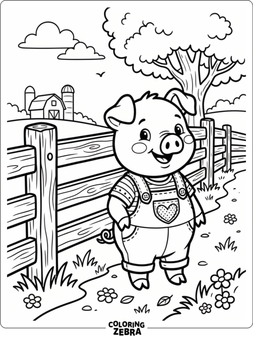 A cute piggy in overalls near a fence