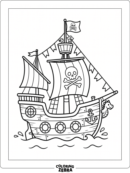 A cute pirate ship with round windows and little flags