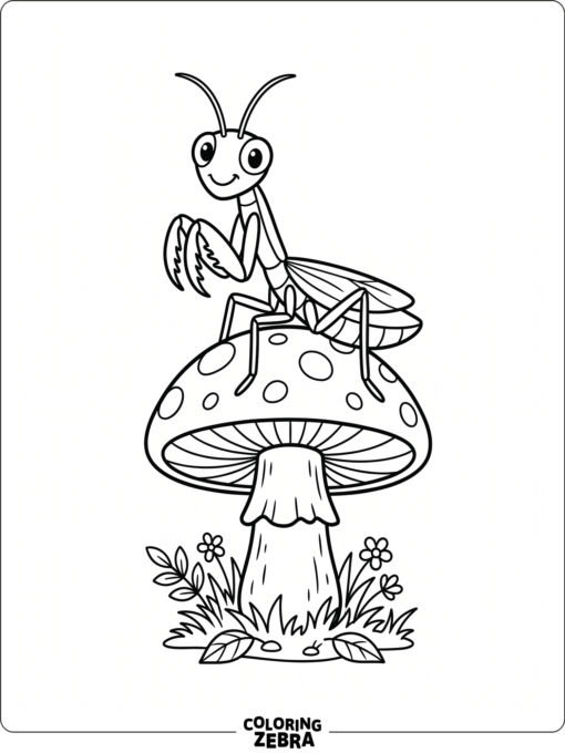 A cute praying mantis sitting on a mushroom