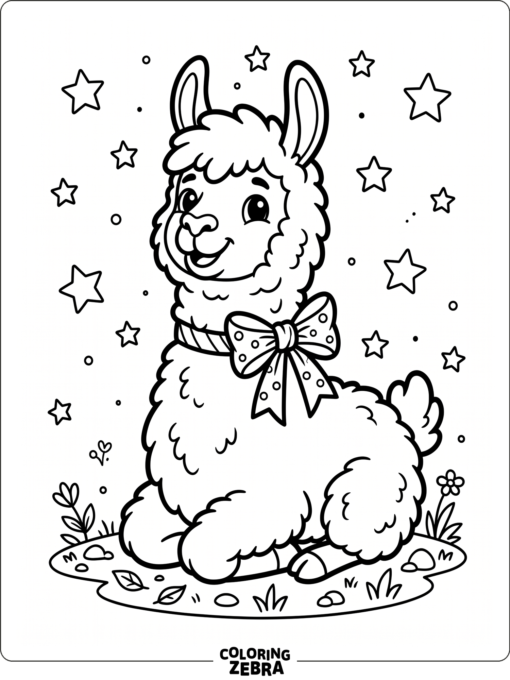 A cute llama sitting with a bow and stars