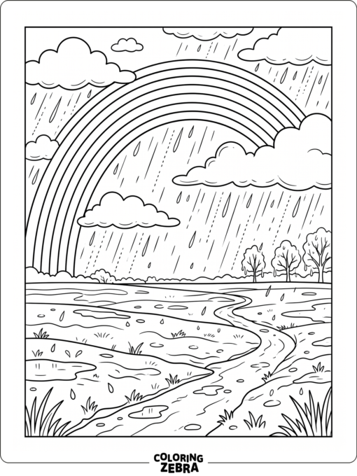 Rain falling beneath a bright rainbow
