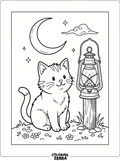 Cute cat beside a lantern and moon