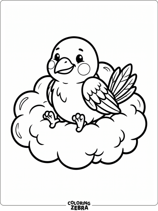 A cute raven with round cheeks sits on a cloud