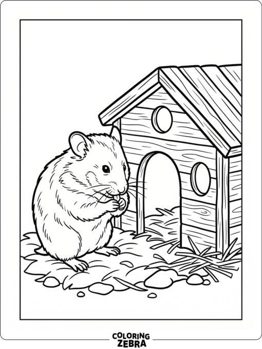 A lifelike hamster grooming near a wooden hideout