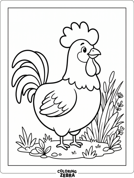 A baby rooster with a rounded body stands near a small patch of grass.