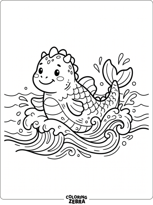 A cute sea monster swimming in waves