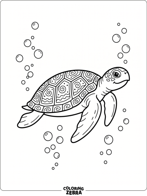 A cute sea turtle with bubbles and shell pattern