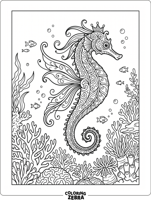 An ornate seahorse with flowing fins and coral