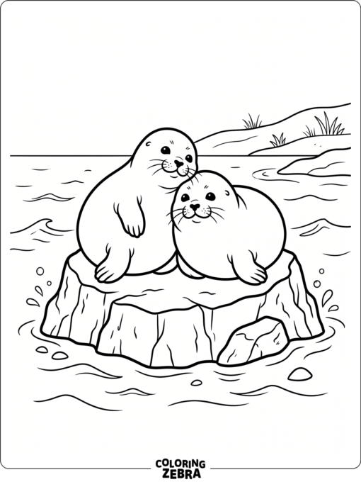 Two cute seals resting together on a rock