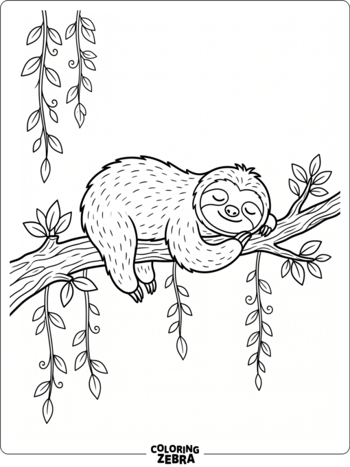 A sloth resting on a branch with vines