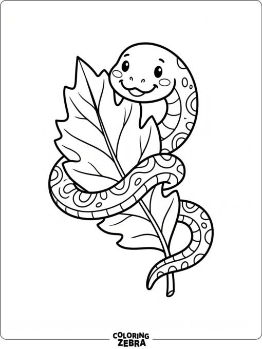A cute snake curled around a leaf with a smiling face