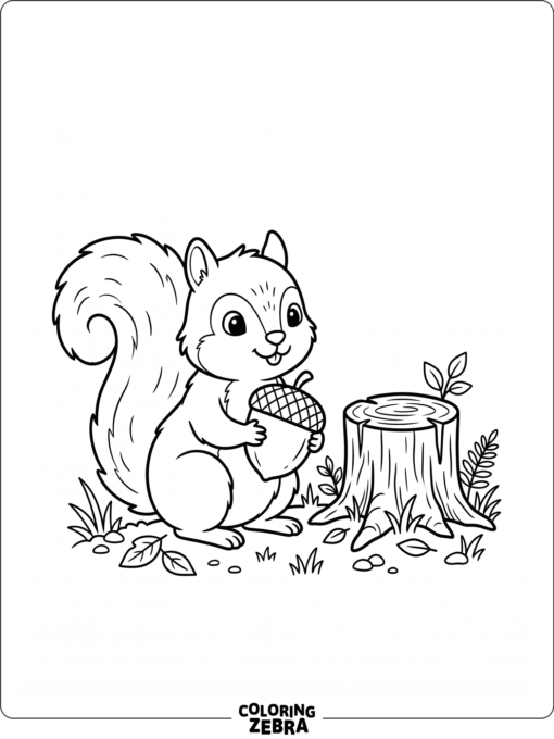 A cute squirrel holding an acorn by a stump