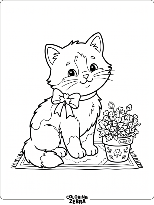 Cute kitten with a shamrock bow and small pot