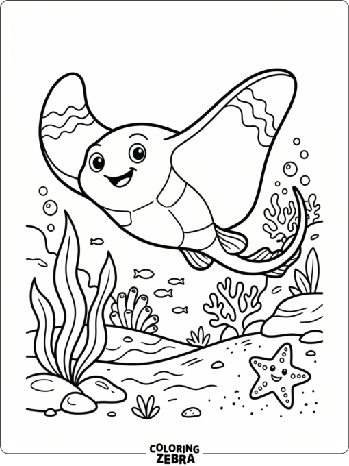 A smiling stingray swimming past a starfish