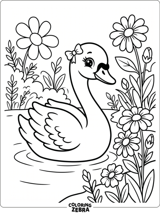 A cute swan with a bow near flowers