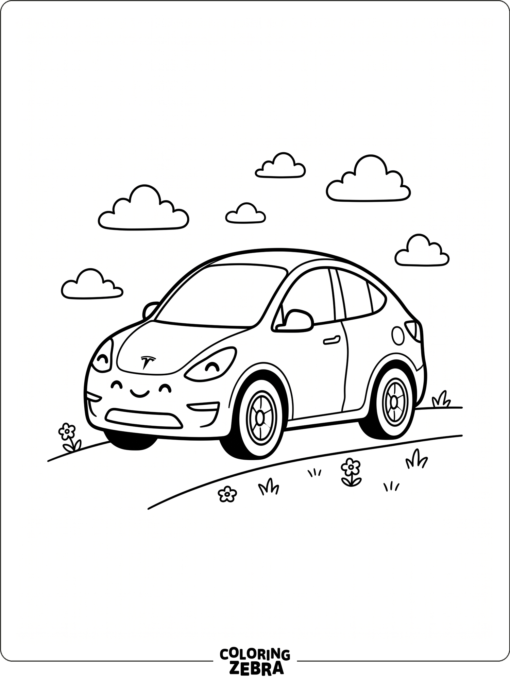 A cute little Tesla with rounded shapes and clouds