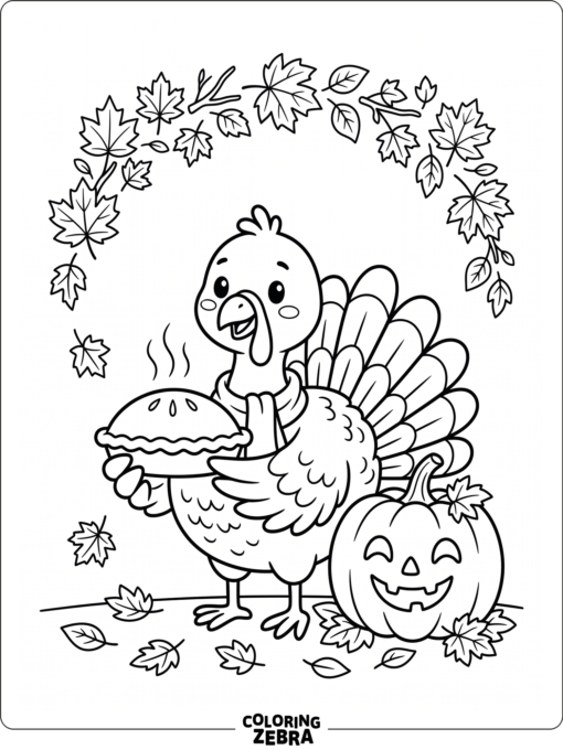 Cute turkey holding a pie beside a smiling pumpkin