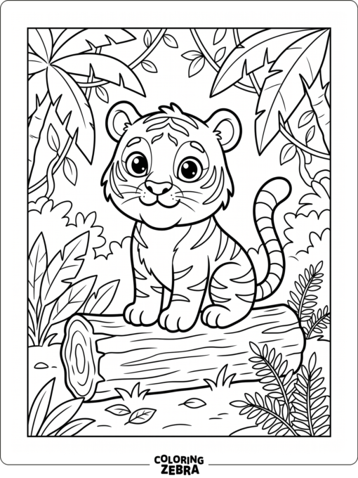 A cute tiger sitting on a log with big eyes