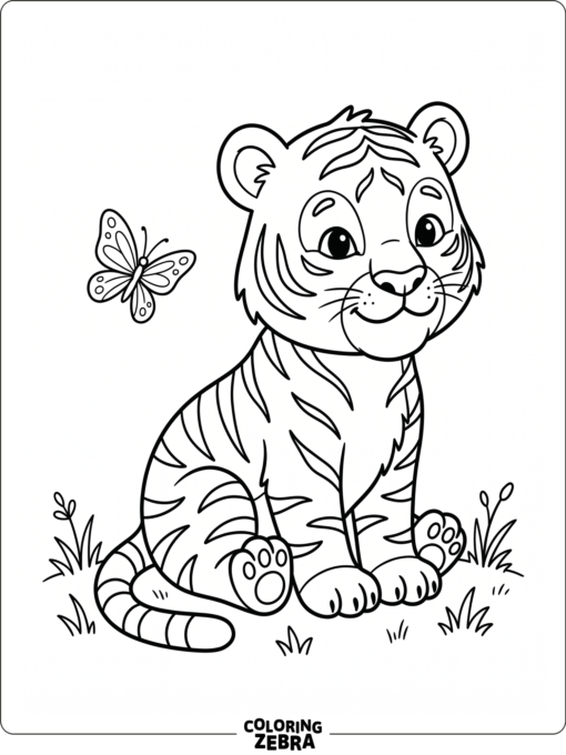 A cute tiger cub sitting beside a butterfly