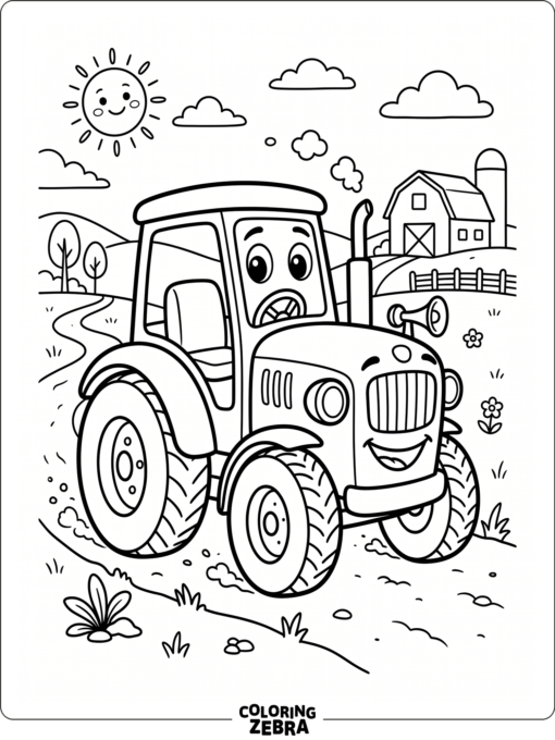 A cute smiling tractor with big eyes