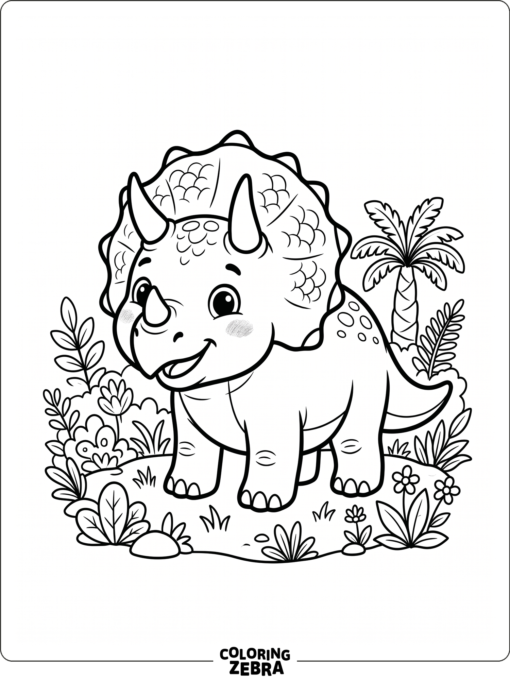 A cute triceratops with a friendly face and tiny plants