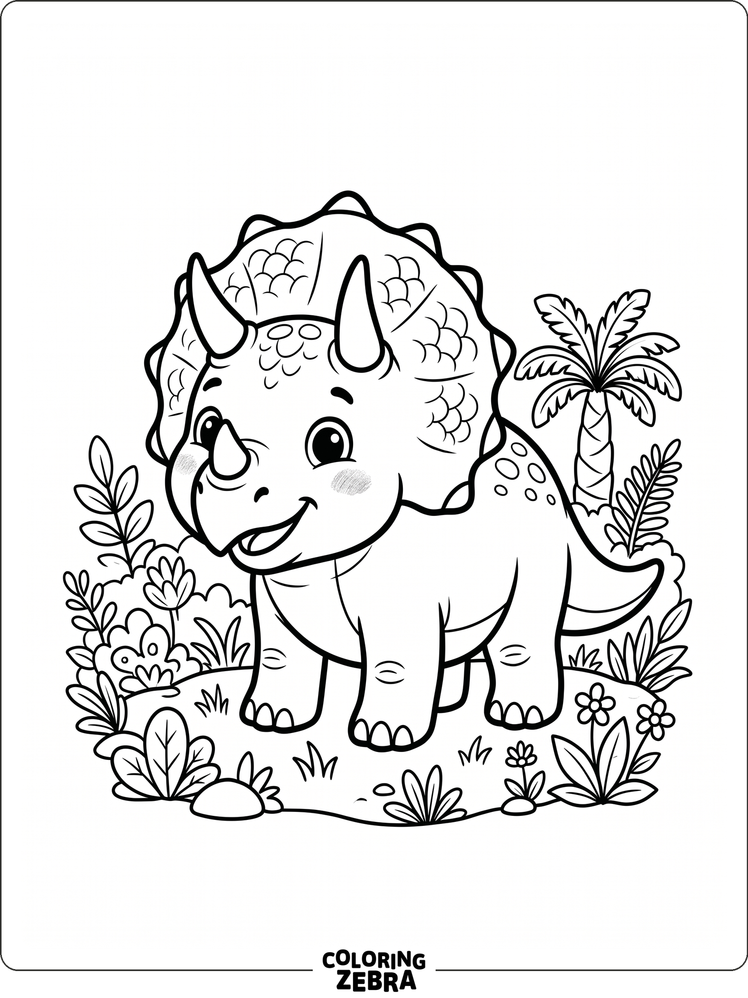 A cute triceratops with a friendly face and tiny plants