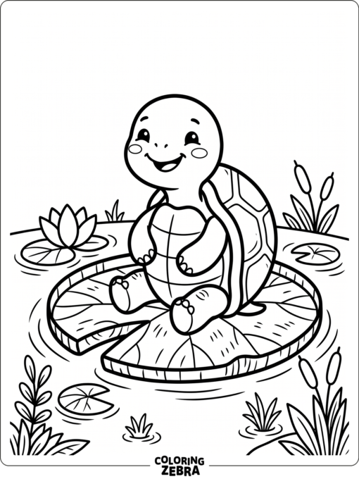A cute turtle sitting on a lily pad