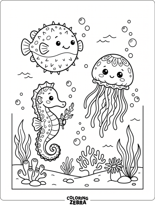 A cute pufferfish, seahorse, and jellyfish