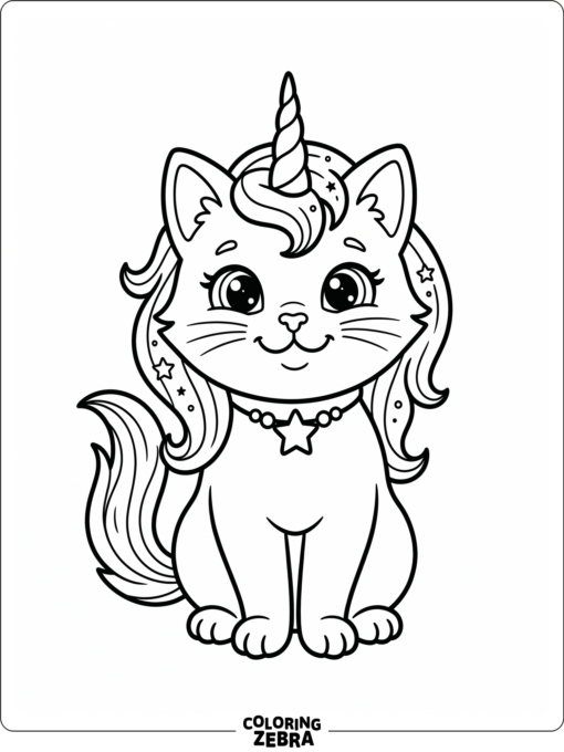 A smiling unicorn cat with big eyes and a star collar