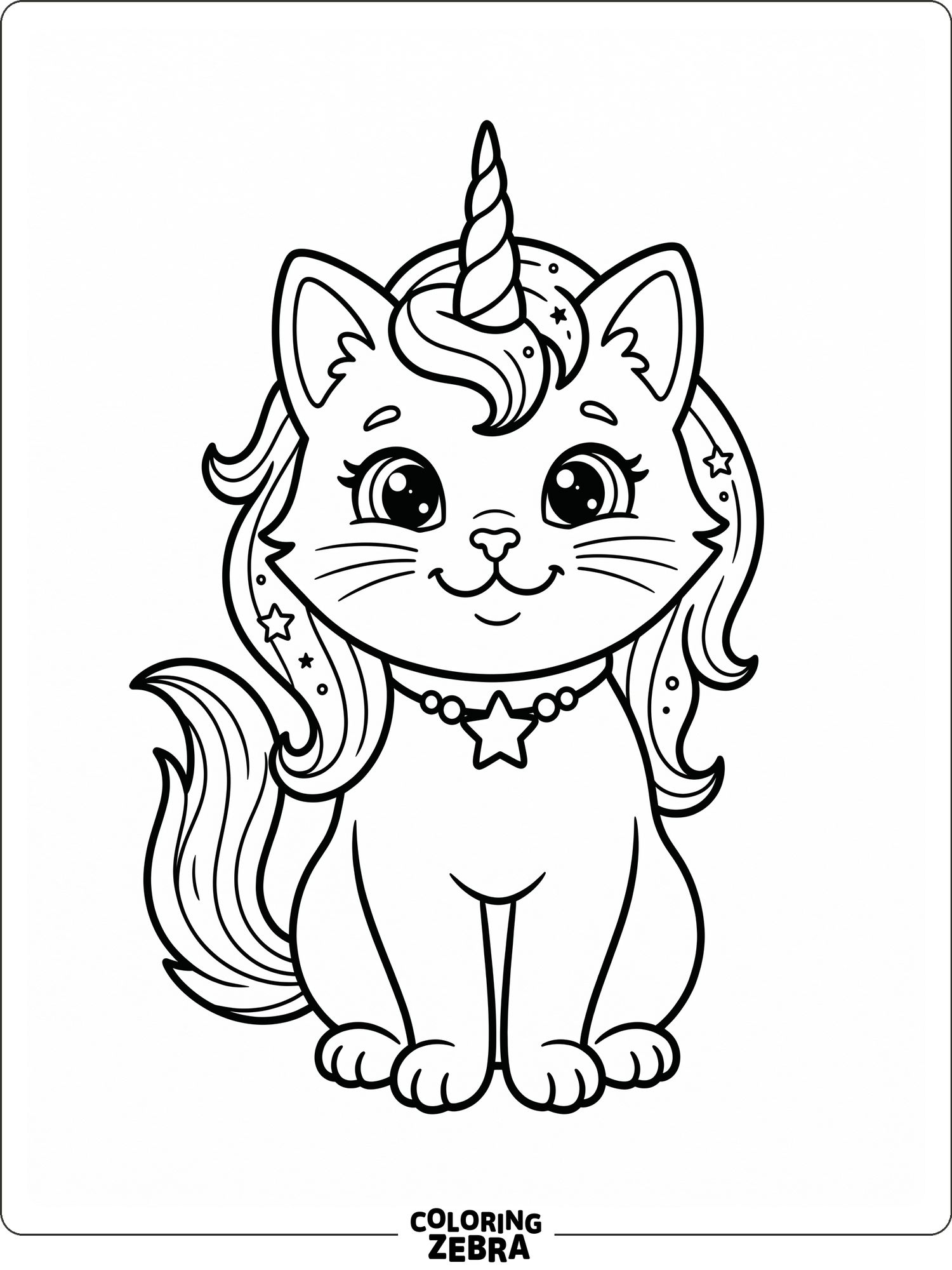 A smiling unicorn cat with big eyes and a star collar