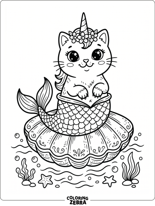 A cute mermaid unicorn cat sitting on a seashell